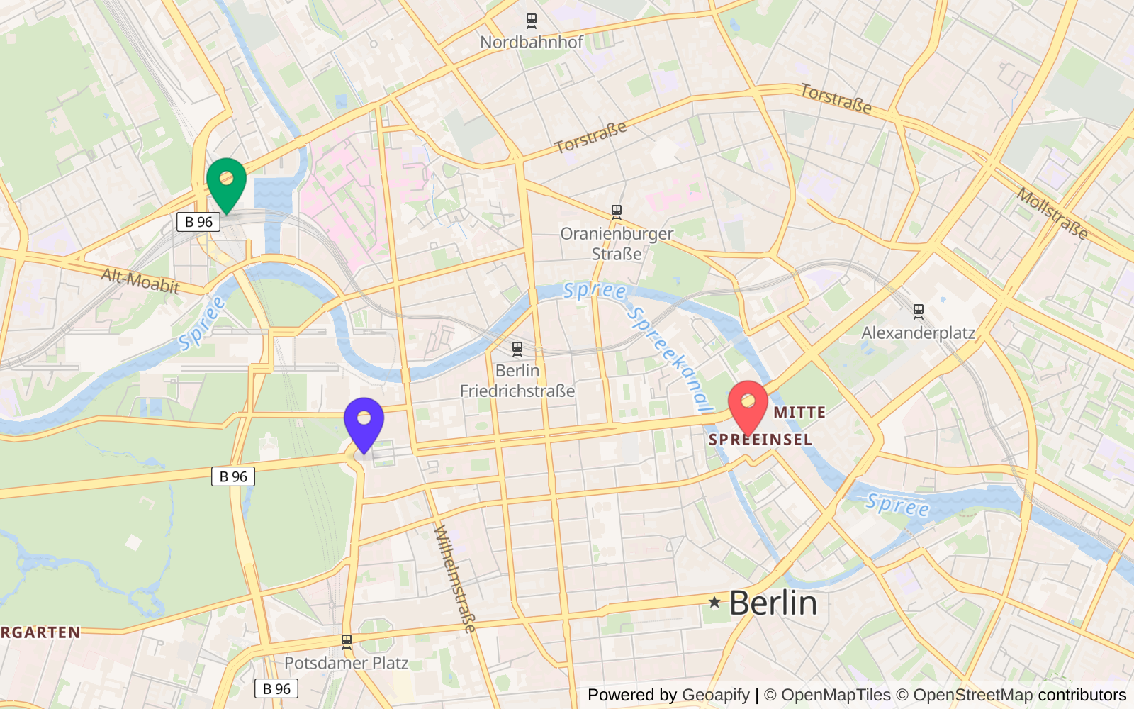 Static map of Berlin showing three colored Material-style markers