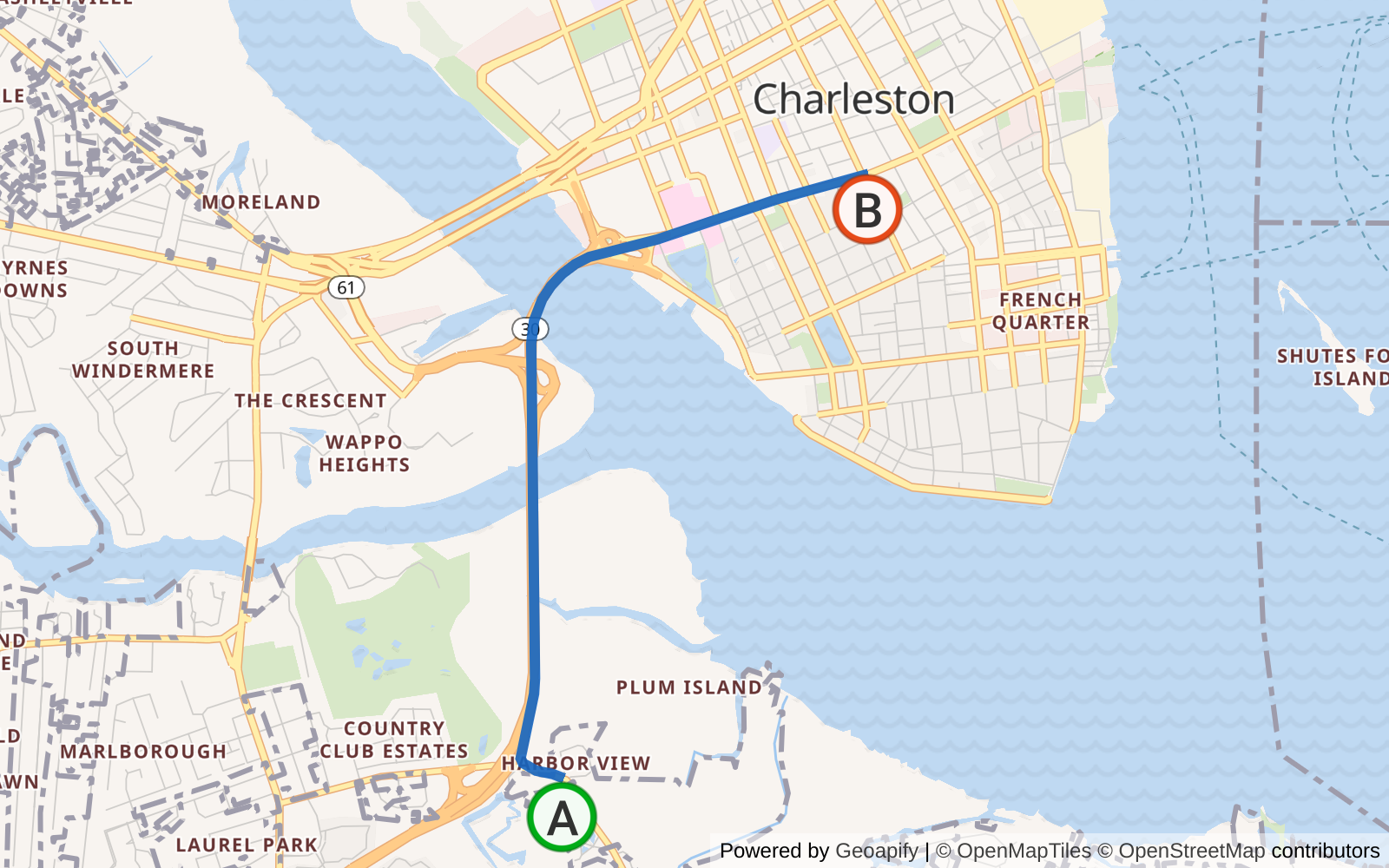 Static map of Charleston showing a blue driving route with start and destination markers