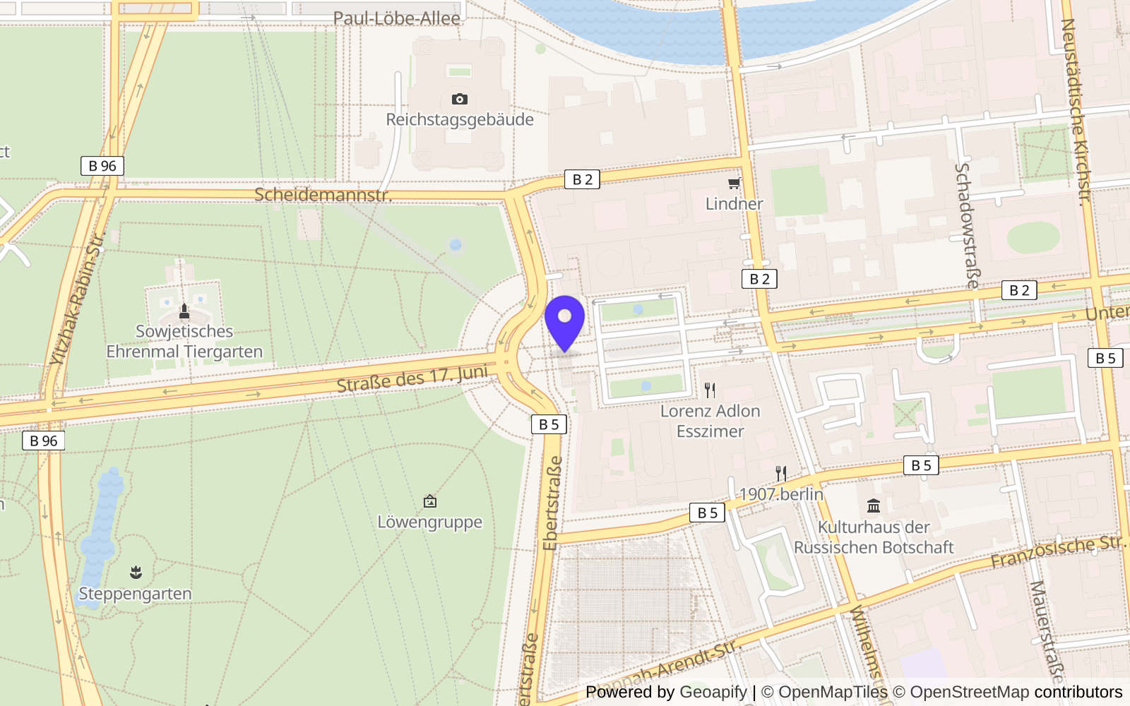 Static map of Berlin with one marker at the Brandenburg Gate