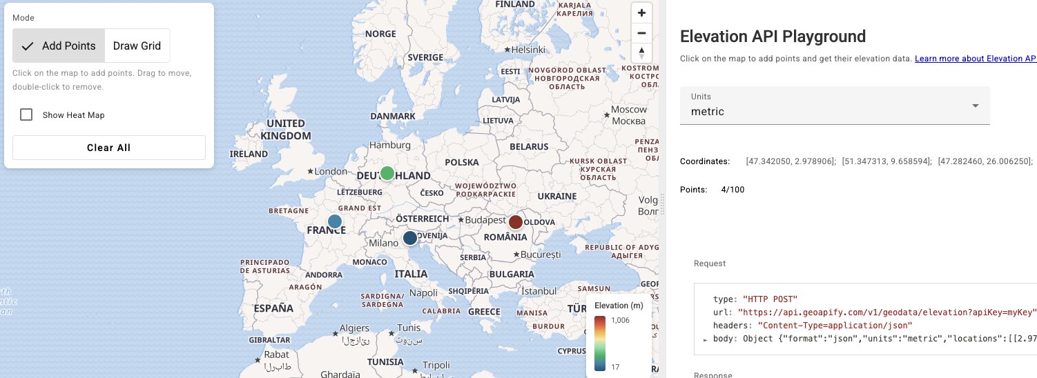 Elevation API playground showing point elevation data retrieval and visualization with color-coded markers and heatmap